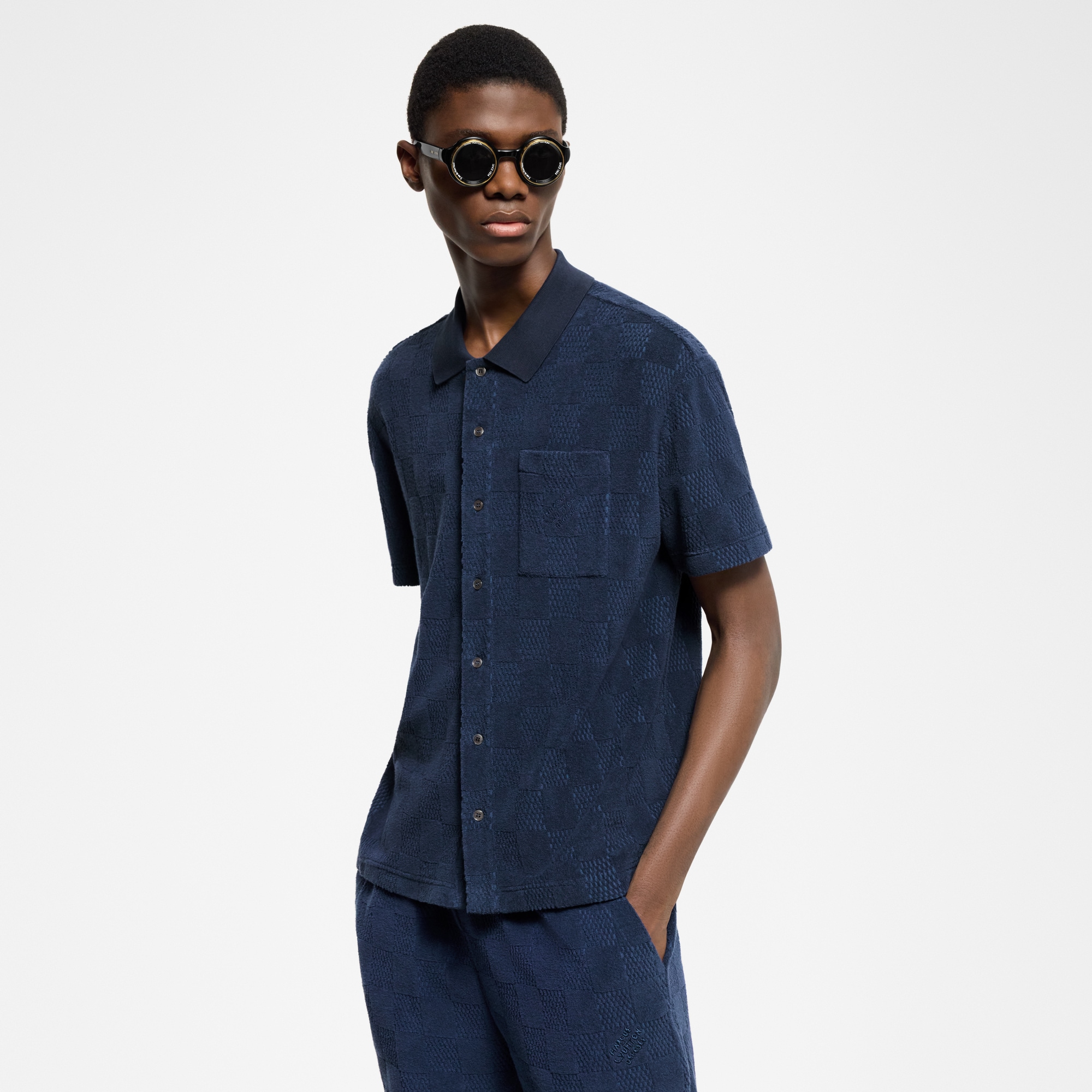 Damier French Terry Short-Sleeved Cotton-Blend Shirt  in Men