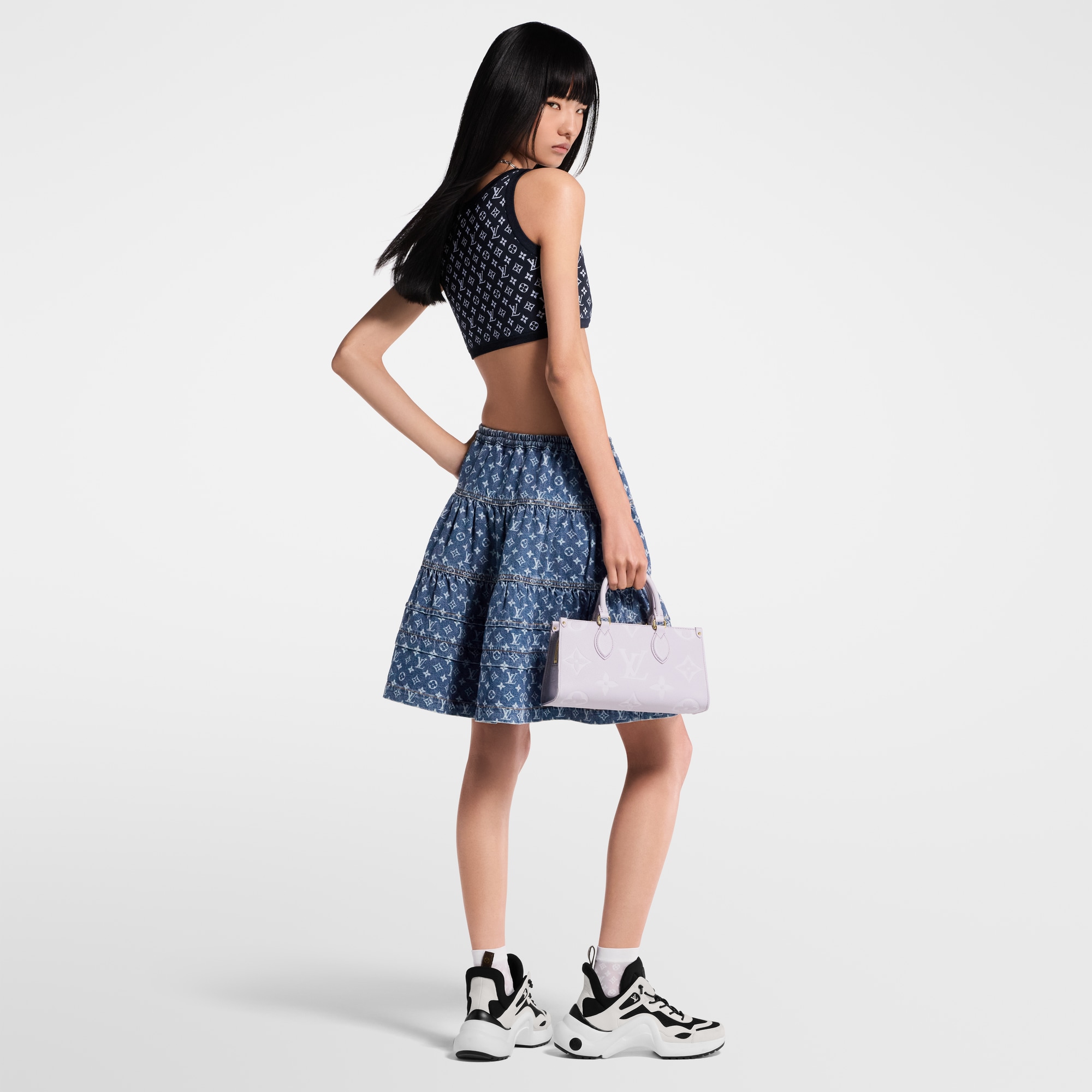 Monogram Denim Tiered Skirt  in Women