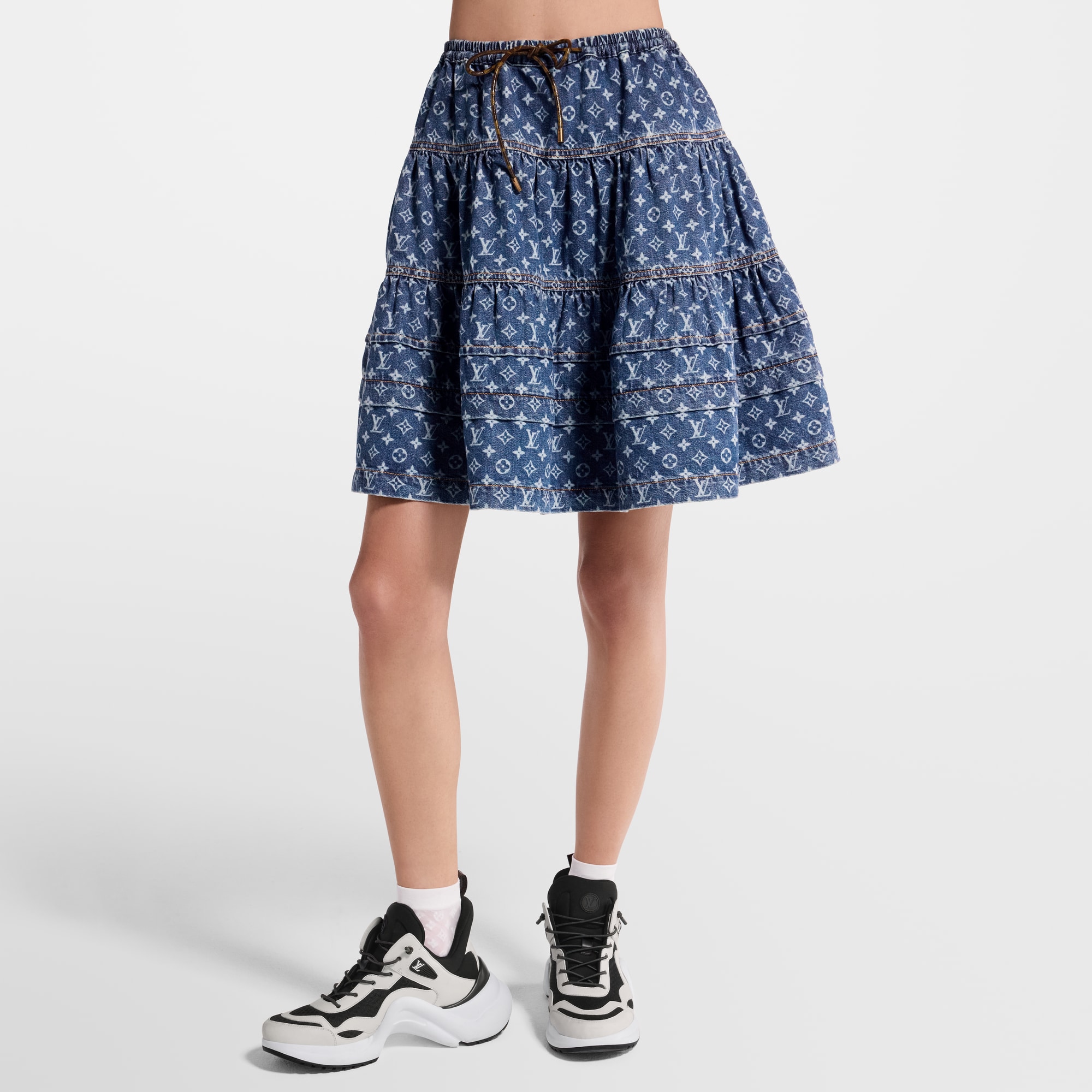 Monogram Denim Tiered Skirt  in Women