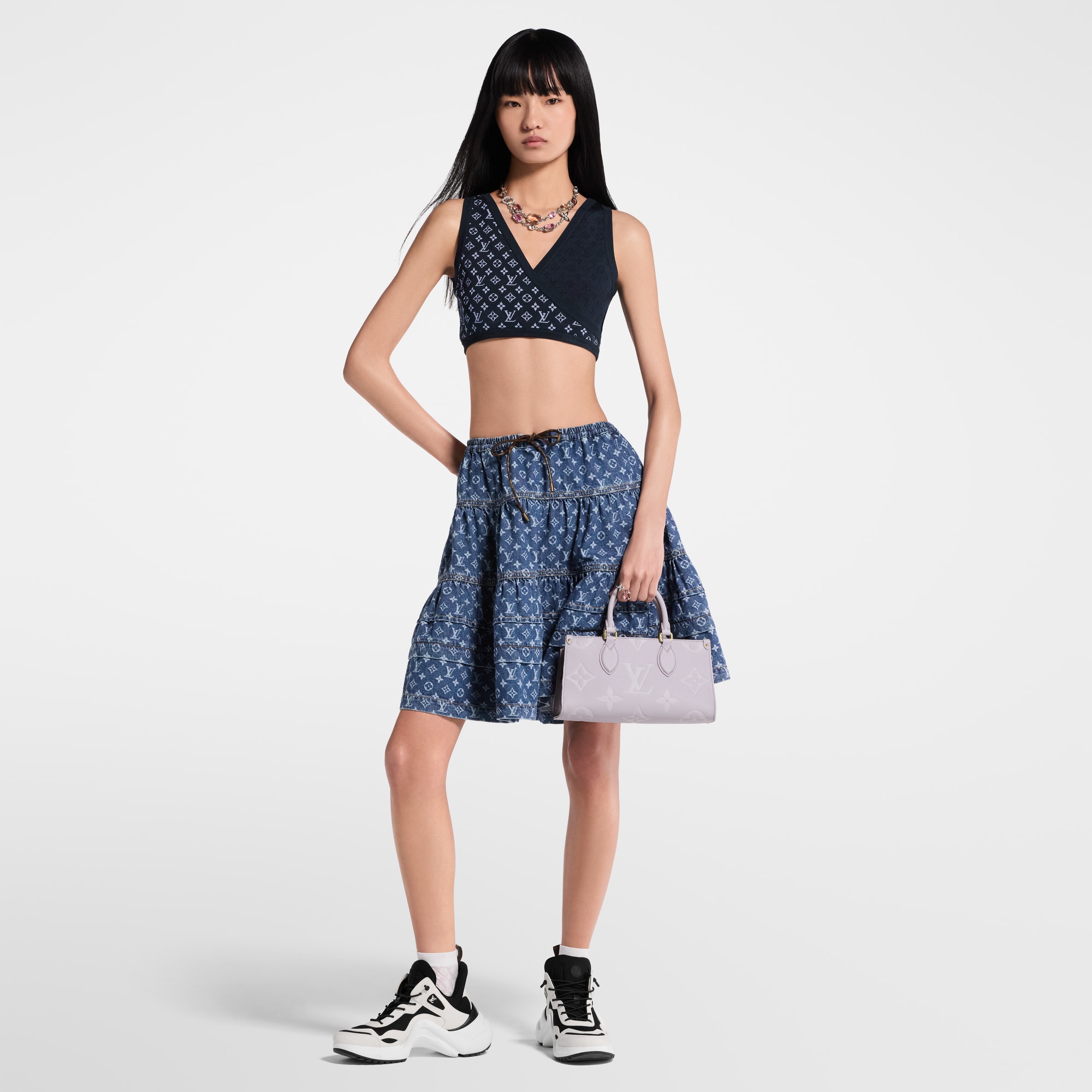 Monogram Denim Tiered Skirt  in Women