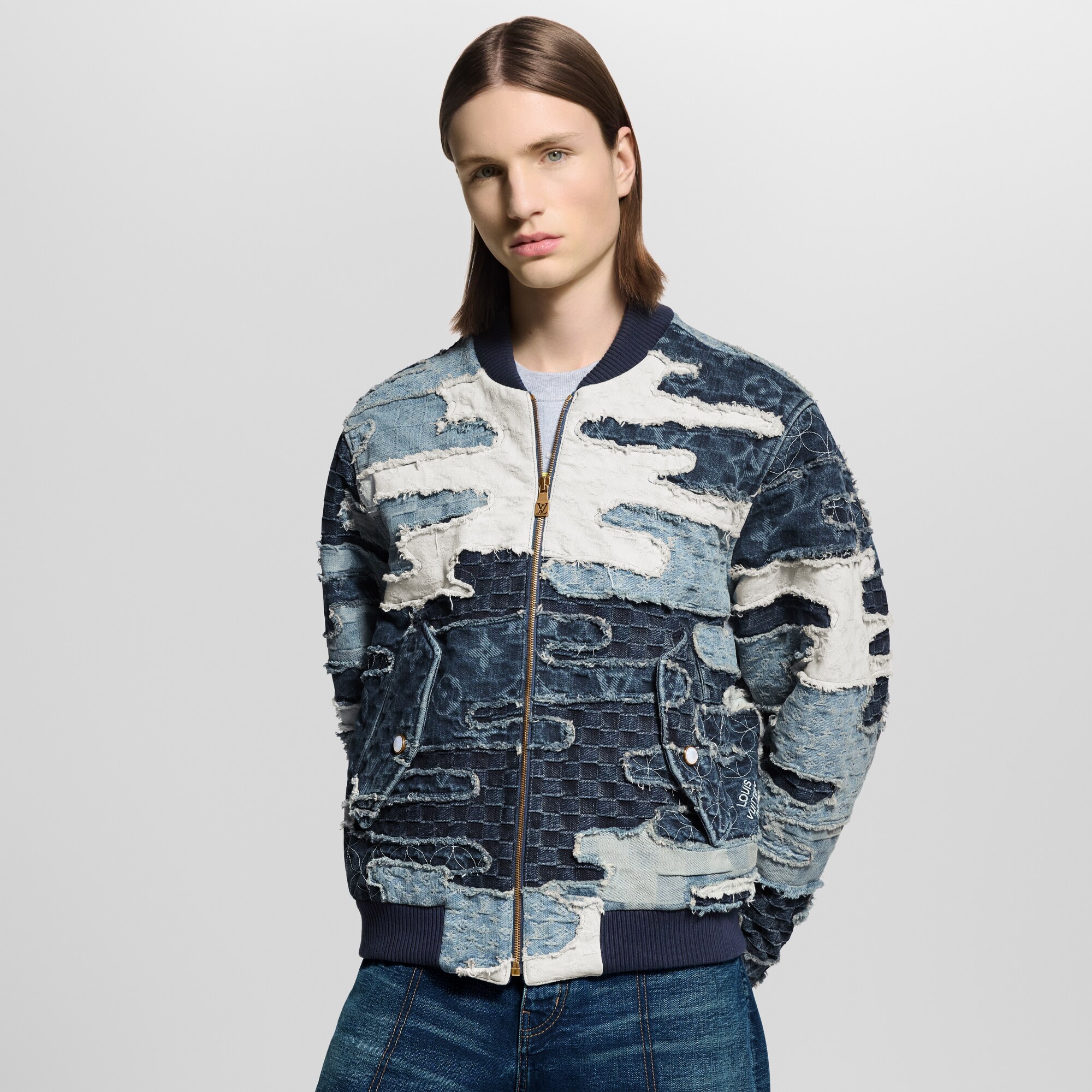 Patchwork Denim Bomber Jacket  in Men