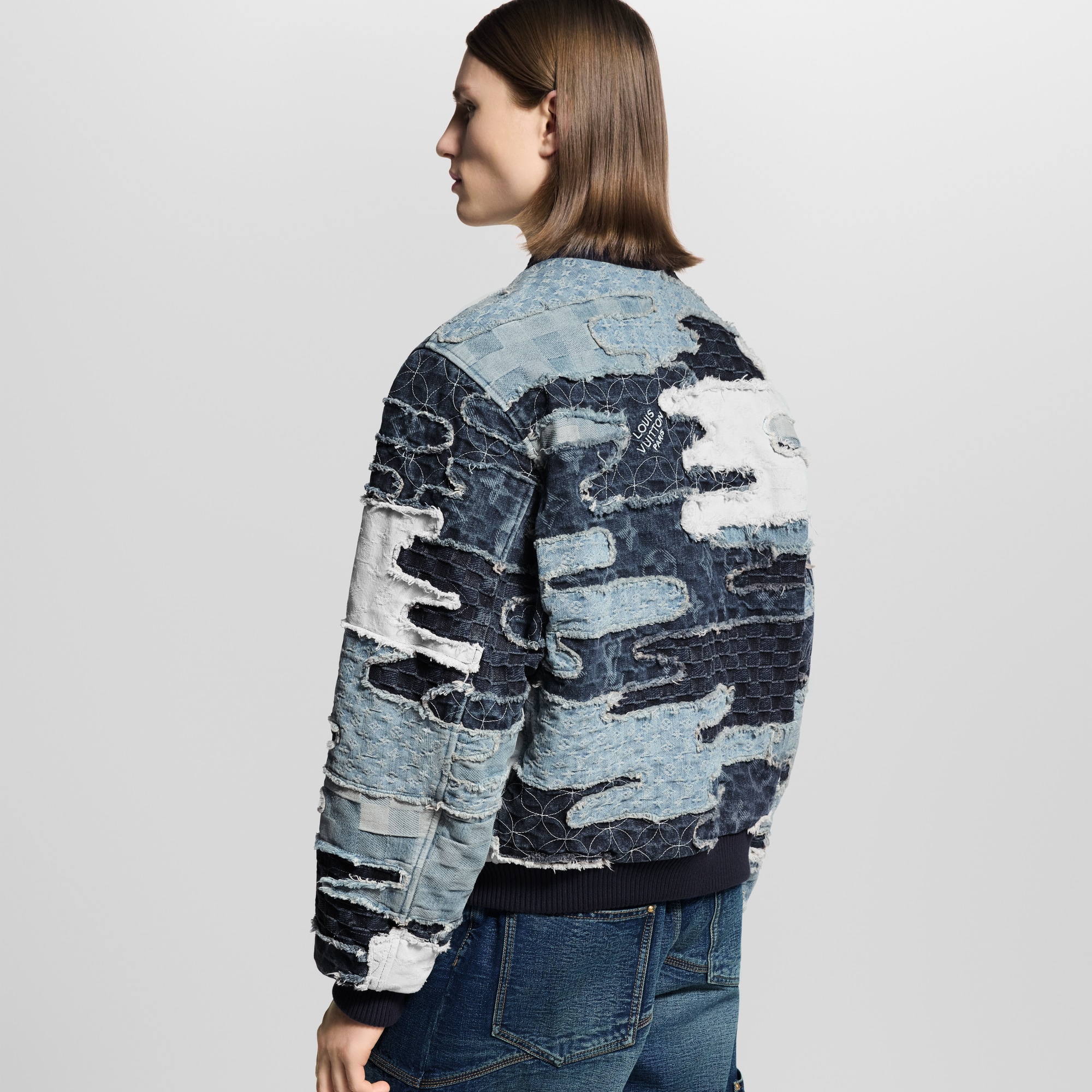 Patchwork Denim Bomber Jacket  in Men