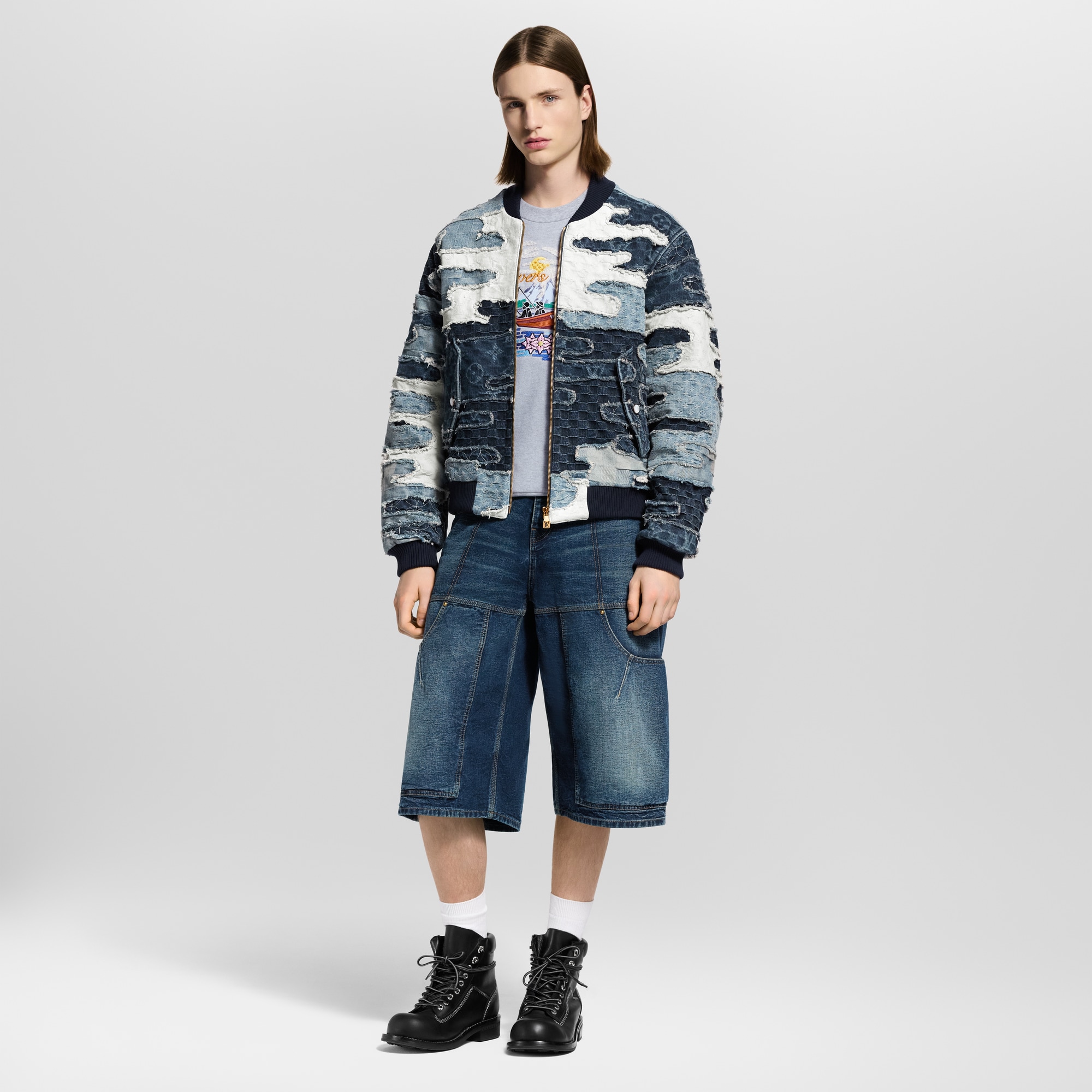 Patchwork Denim Bomber Jacket  in Men