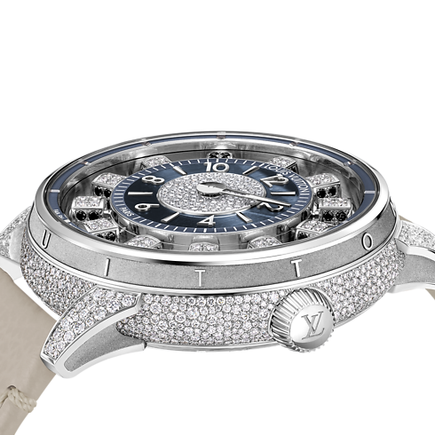 Tambour Spin Time Air, Automatic, 42.5mm, White gold, Hawk's eye and diamonds in Watches's All Watches } collections by Louis Vuitton (Product zoom)
