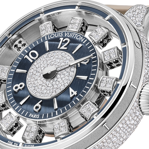 Tambour Spin Time Air, Automatic, 42.5mm, White gold, Hawk's eye and diamonds in Watches's All Watches } collections by Louis Vuitton (Product zoom)