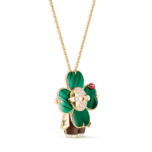 Vivienne Four-Leaf Pendant, Yellow Gold, Malachite, Wood, Lacquer and Diamonds side view