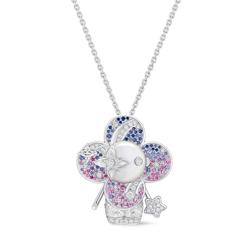 Vivienne Stars Pendant, White Gold, Moonstone, Lacquer, Diamonds and Colored Gemstones front view